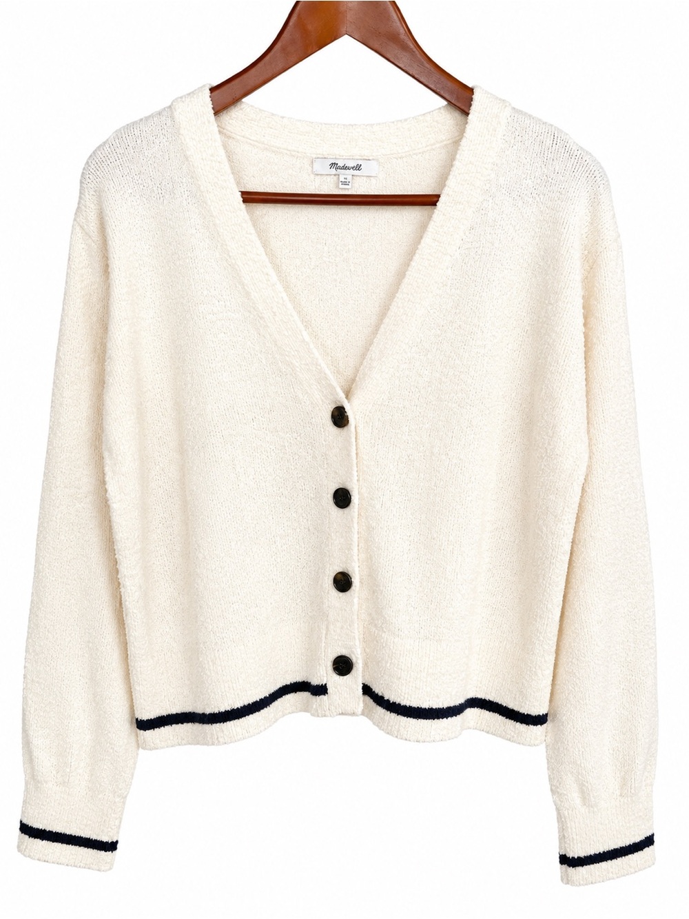 Madewell Cream Navy Trim Cardigan Sweater Women's Large V-Neck Cropped
